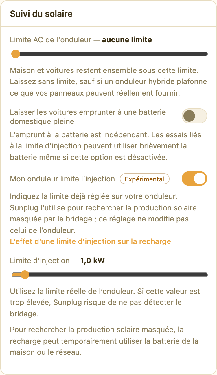 La carte de réglages Suivi du solaire, avec l'option « Mon onduleur limite l'injection » activée et le curseur Limite d'injection réglé sur 1,0 kW