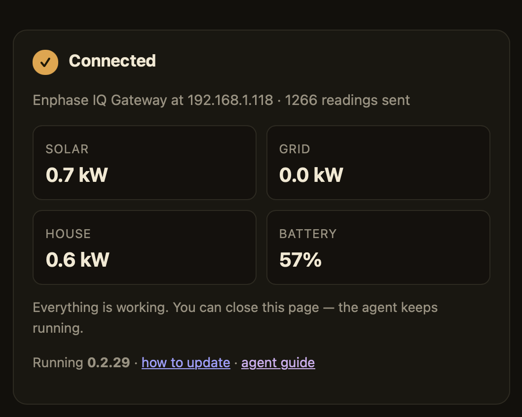 The agent's setup page showing Connected, readings for solar, grid, house and battery, and the running version number