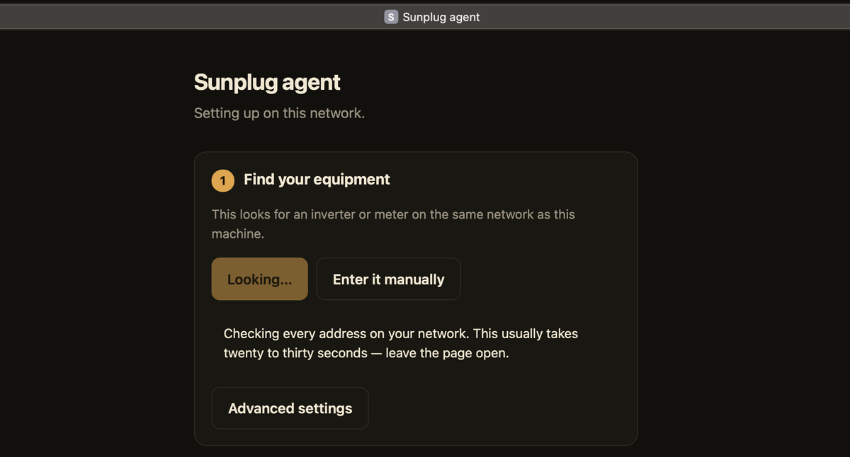 The Sunplug agent's setup page, first view: Find your equipment, scanning the network