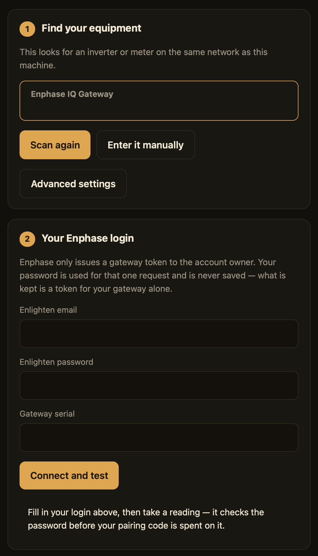 The agent's setup page: an Enphase IQ Gateway found on the network, and the Enphase login form below it