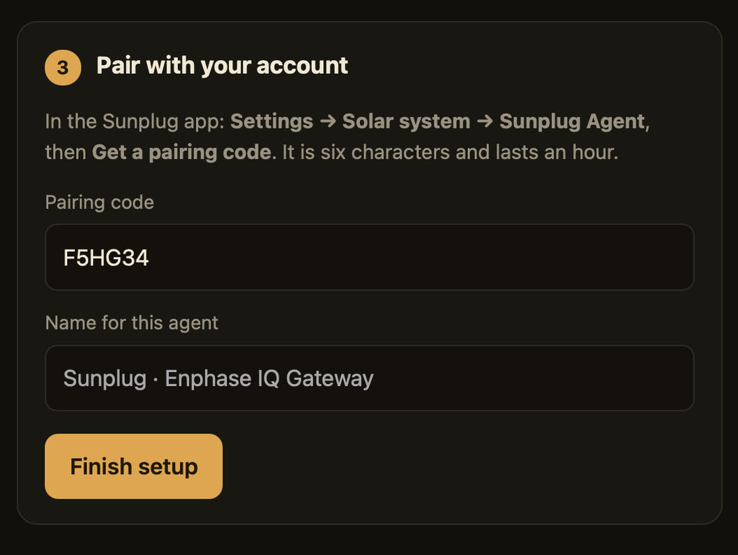 The agent's setup page: pairing step, with a six-character code entered and a name for the agent