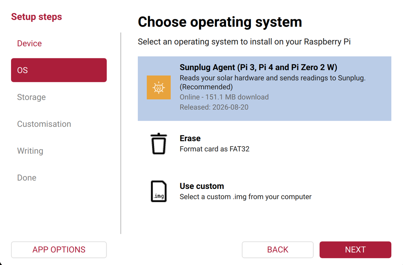 Imager's Choose operating system panel, with Sunplug Agent listed as the recommended option