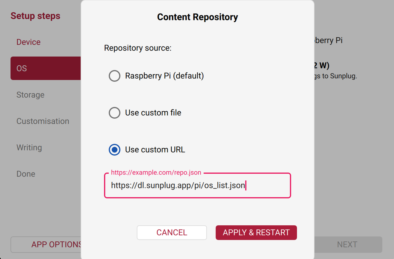 Imager's Content Repository dialog, Use custom URL selected, with https://dl.sunplug.app/pi/os_list.json entered