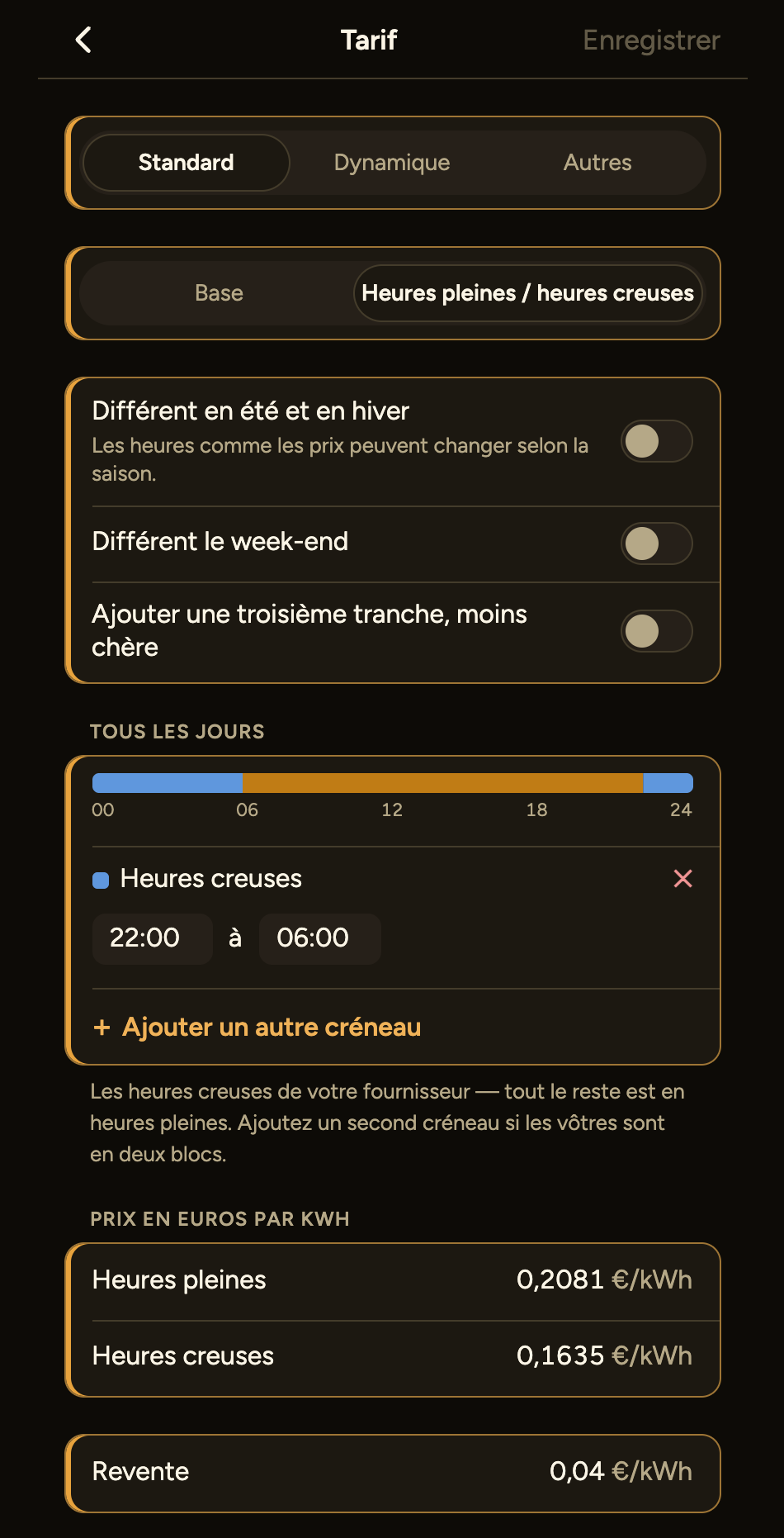 L'onglet Tarif sur un contrat heures pleines / heures creuses : Standard choisi, heures creuses de 22:00 à 06:00 tous les jours, et les prix des heures pleines et des heures creuses au kWh