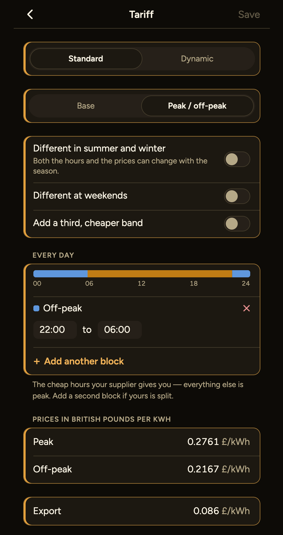 The Tariff tab on a peak/off-peak contract: Standard picked, off-peak from 22:00 to 06:00 every day, and the peak and off-peak prices per kWh