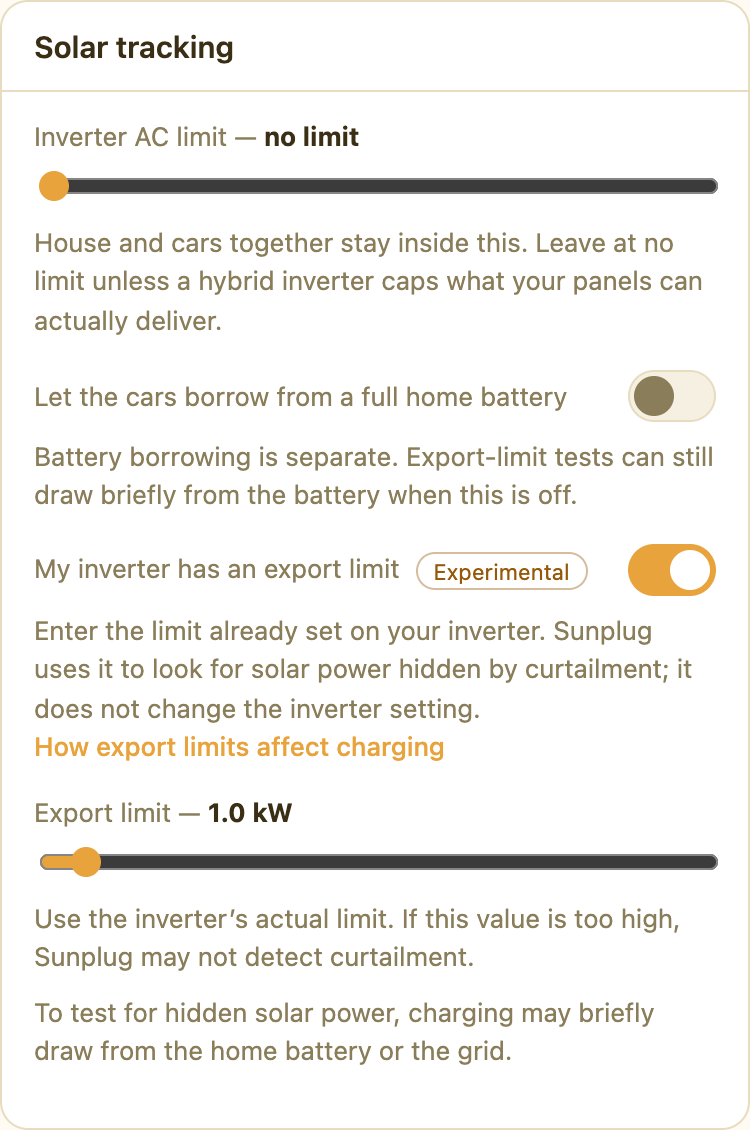 The Solar tracking settings card, showing the "My inverter has an export limit" toggle switched on and the Export limit slider set to 1.0 kW